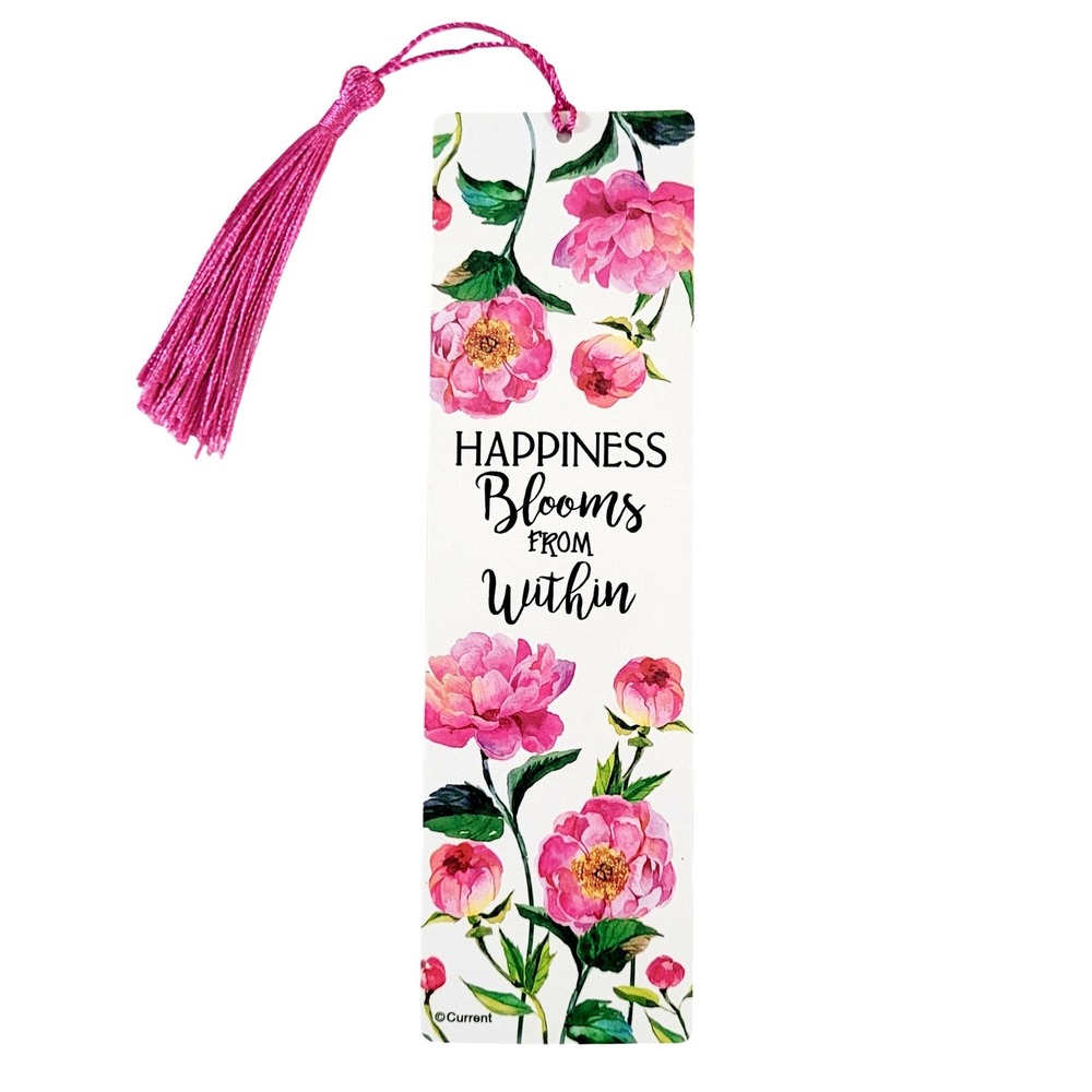 Current 2018 Pink Peonies tassel Bookmark- Happiness Blooms from Within - floral